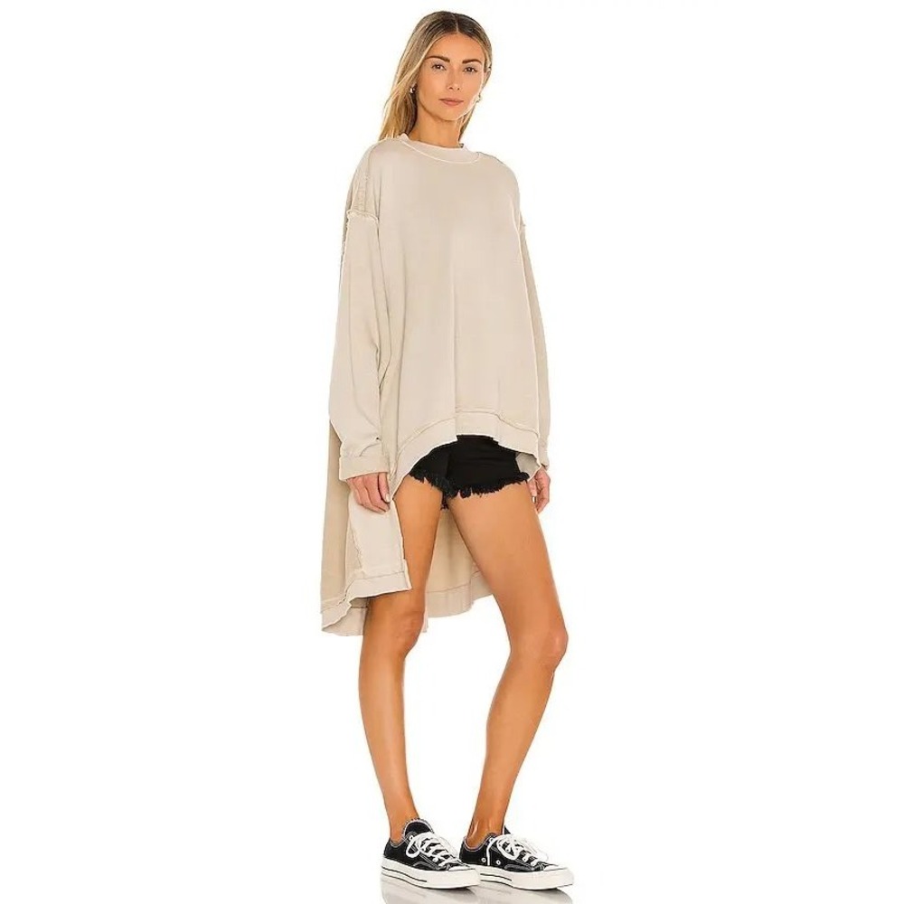 Free People Iggy Sweatshirt in Stone Size L Oversized Distressed Lagenlook